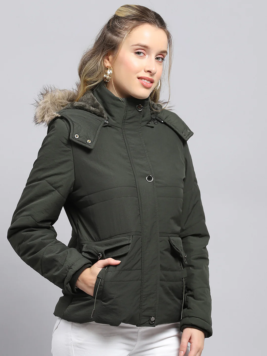 Women Green Solid Detachable Hood Full Sleeve Jacket - Image 4