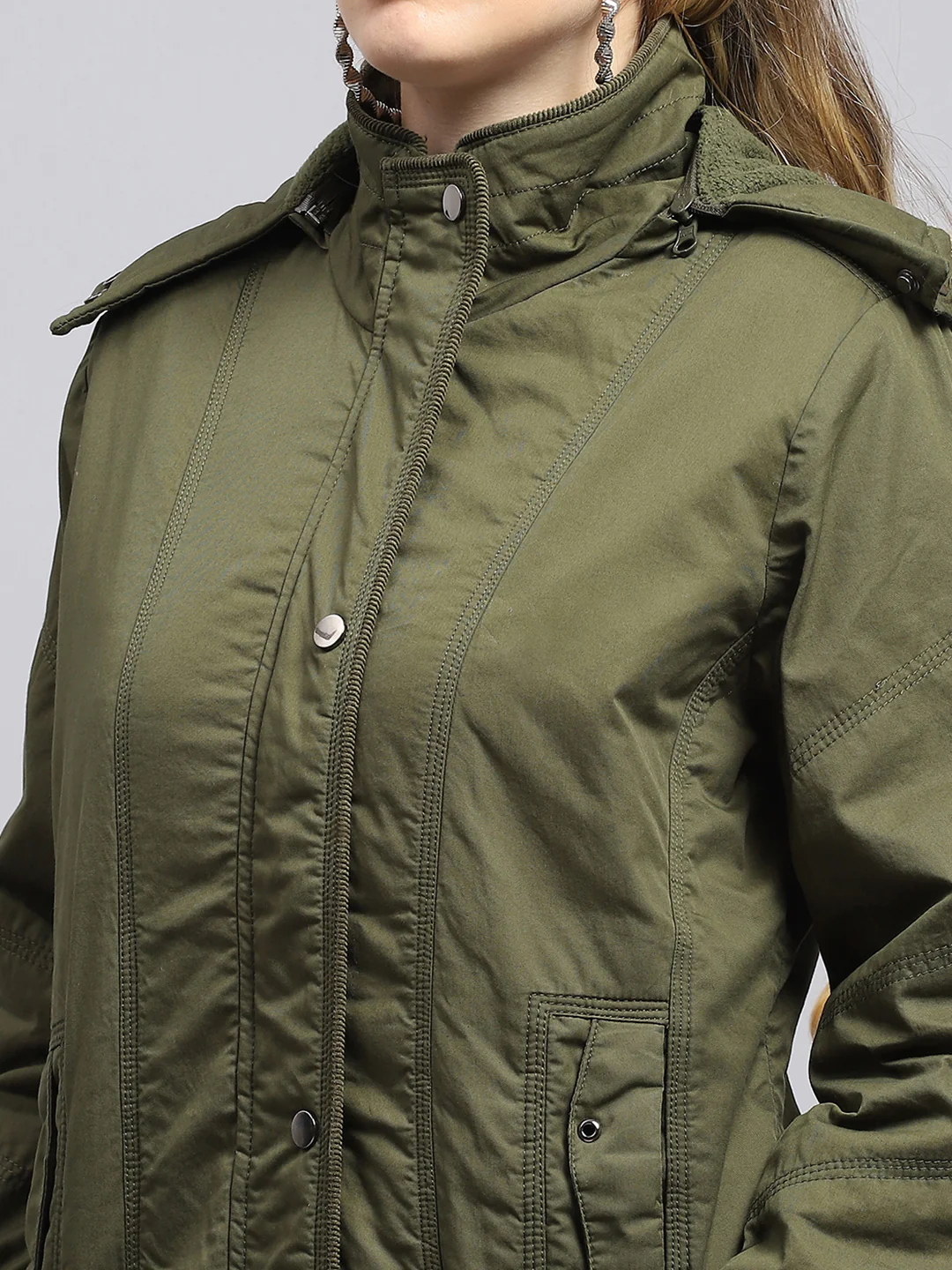 Women Green Solid Detachable Hood Full Sleeve Jacket - Image 7