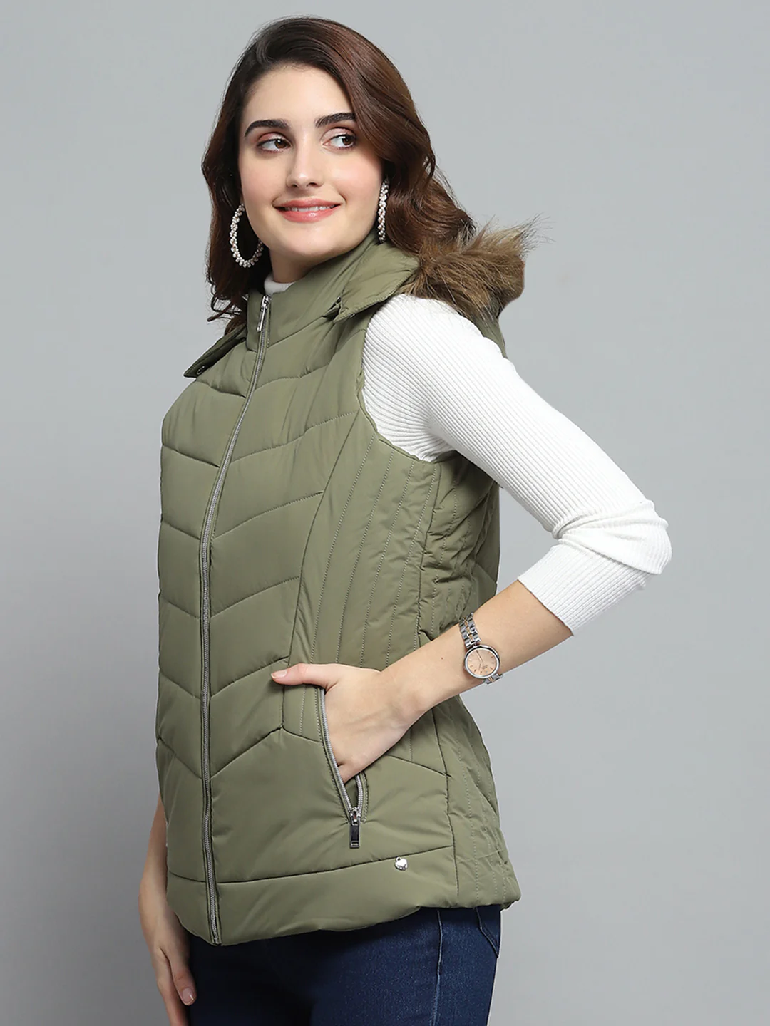 Women Green Solid Detachable Hood Sleeveless Jacket - Image 3