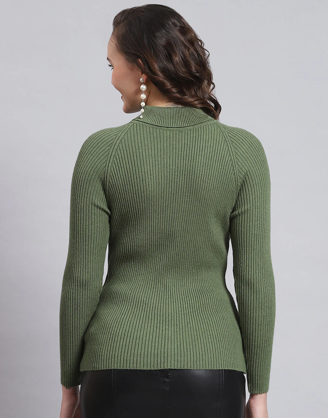 Women Green Solid H Neck Full Sleeve Sweater - Image 6