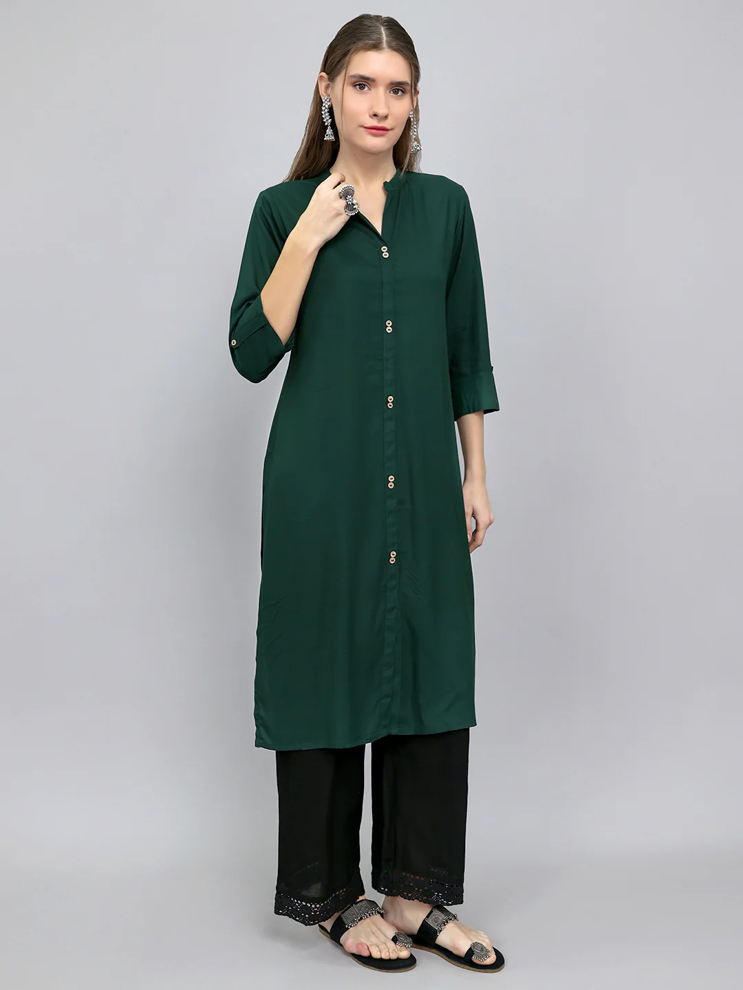 Women Green Solid Henley Neck 3/4th Sleeve Kurti - Image 3