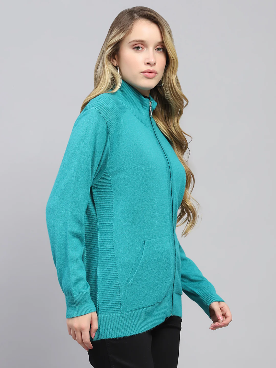 Women Green Solid High Neck Full Sleeve Cardigan - Image 4