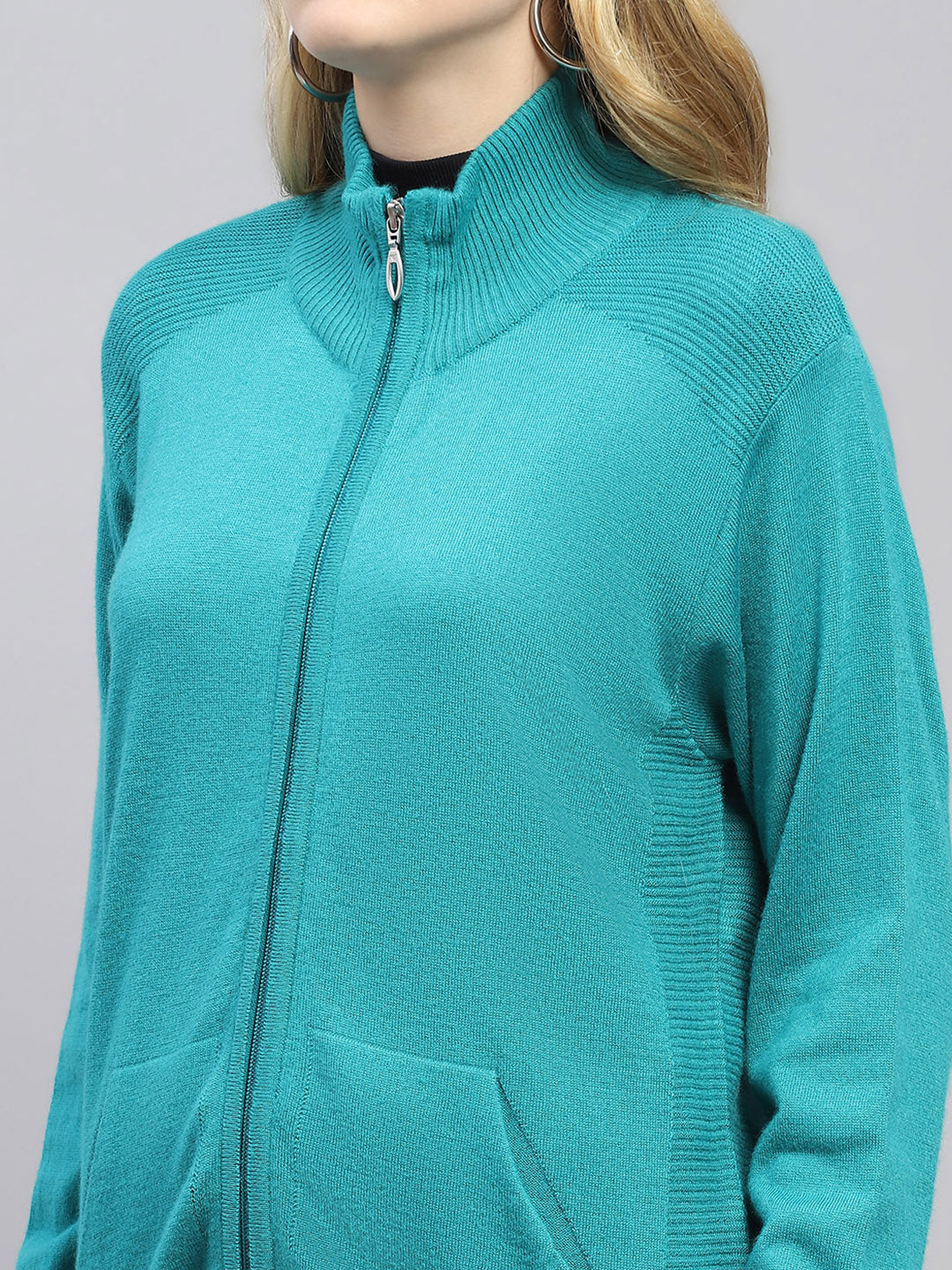 Women Green Solid High Neck Full Sleeve Cardigan - Image 7