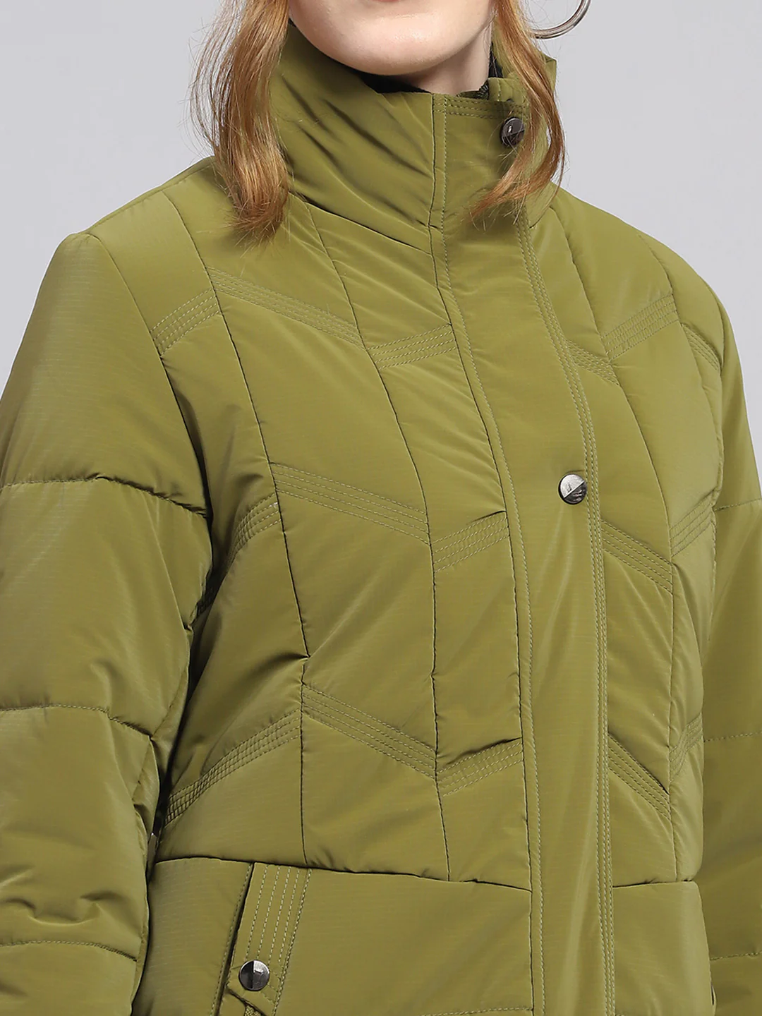 Women Green Solid High Neck Full Sleeve Jacket - Image 6