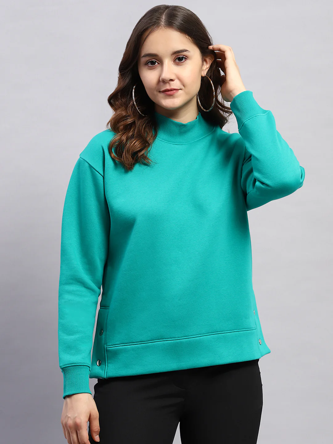 Rock.it Women Green Solid High Neck Full Sleeve Sweatshirt - Image 2
