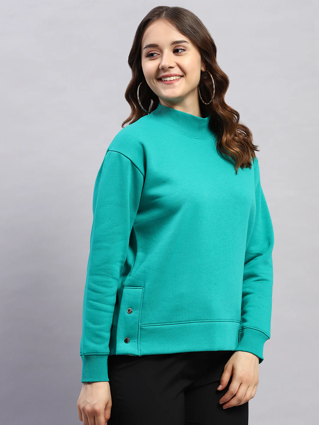 Rock.it Women Green Solid High Neck Full Sleeve Sweatshirt - Image 4