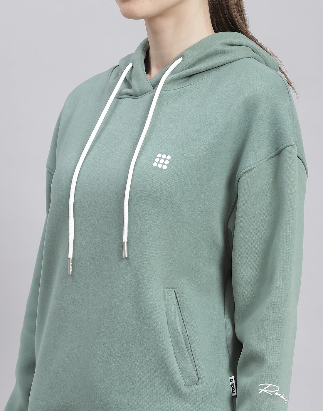 Rock.it Women Green Solid Hooded Full Sleeve Sweatshirt - Image 6