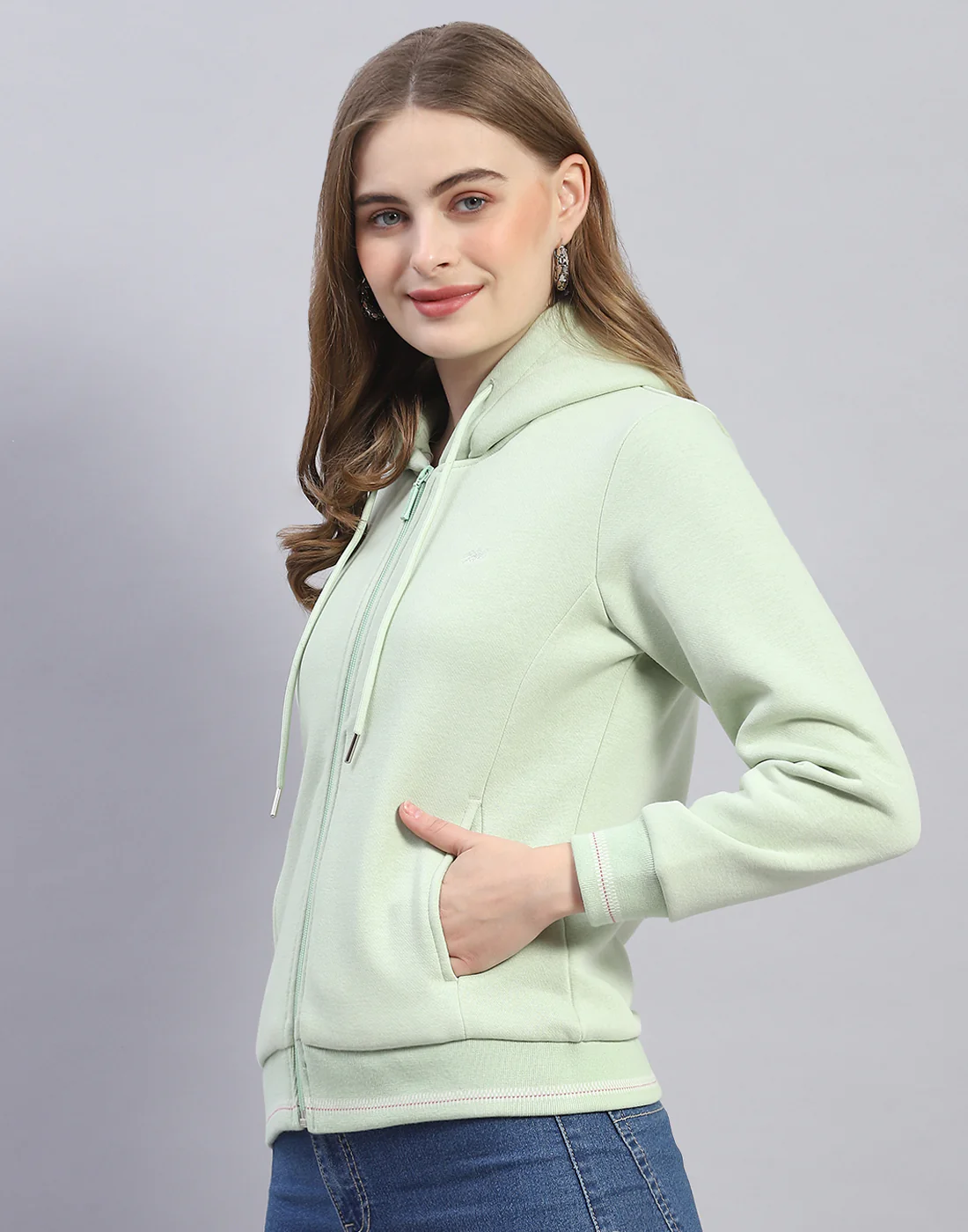 Women Green Solid Hooded Full Sleeve Sweatshirt - Image 3