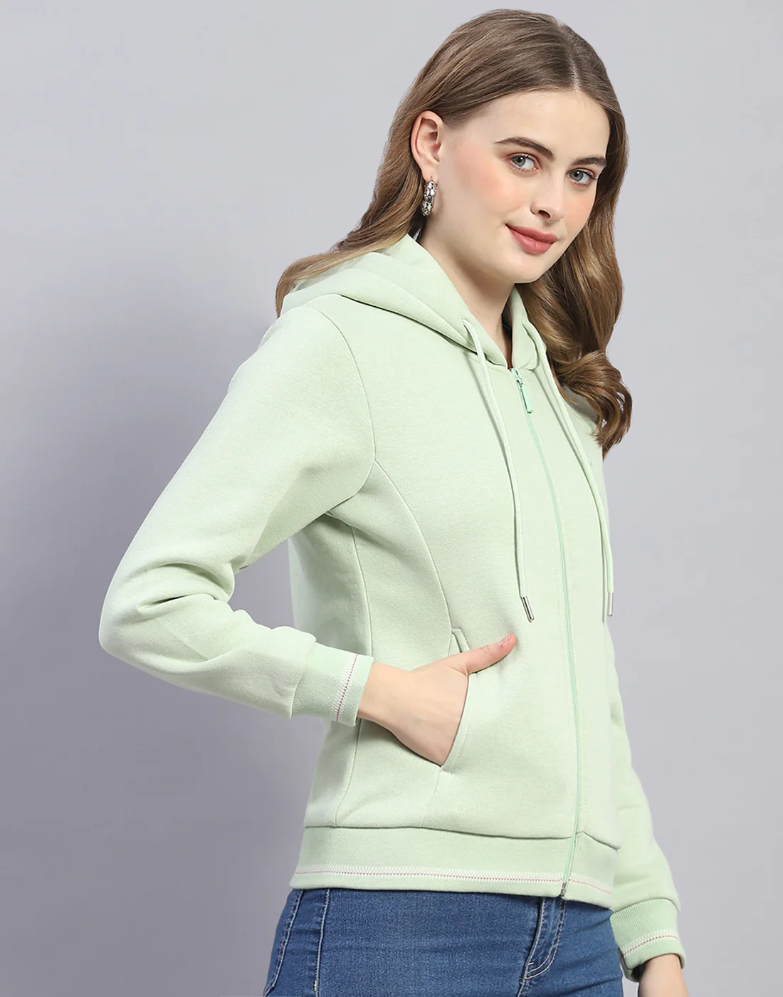 Women Green Solid Hooded Full Sleeve Sweatshirt - Image 4