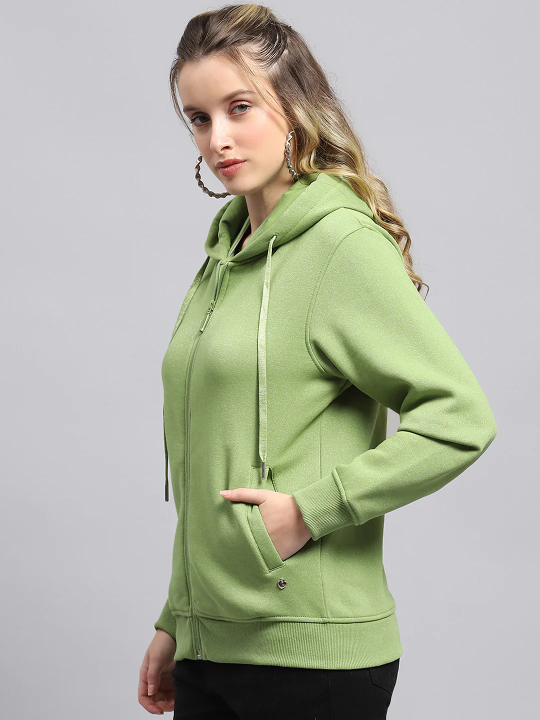 Women Green Solid Hooded Full Sleeve Sweatshirt - Image 3