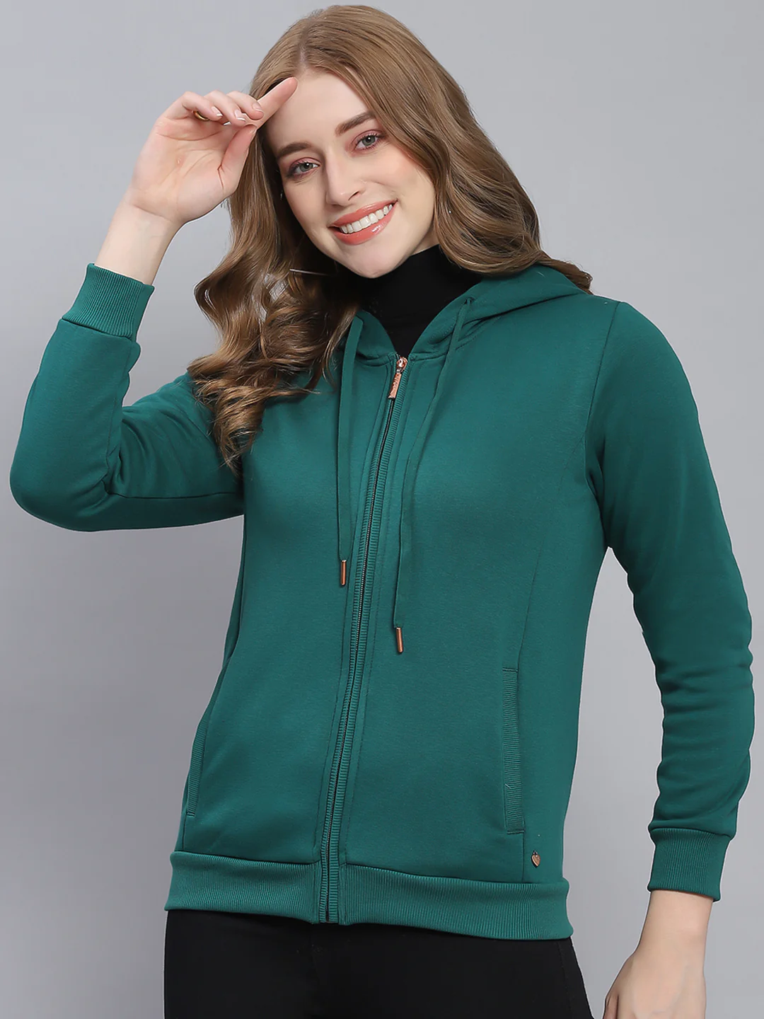 Women Green Solid Hooded Full Sleeve Sweatshirts - Image 3