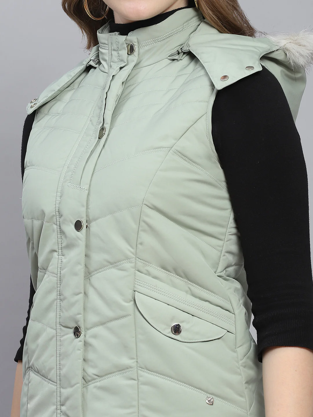 Women Green Solid Hooded Sleeveless Jackets - Image 7