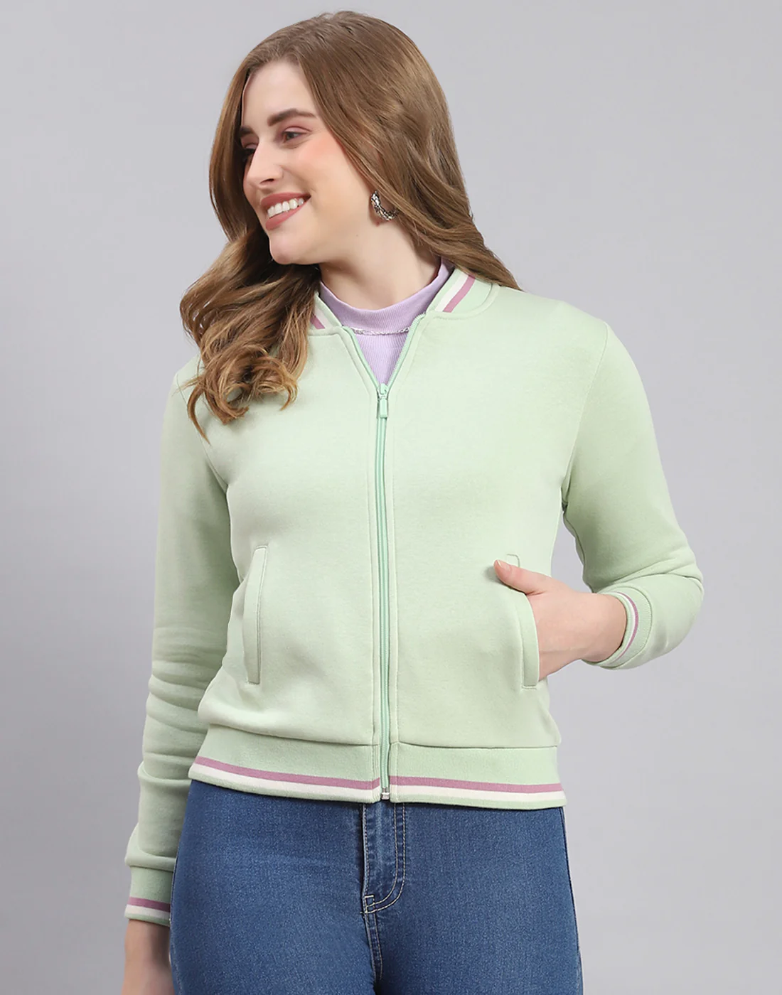 Women Green Solid Mandarin Collar Full Sleeve Sweatshirt - Image 3