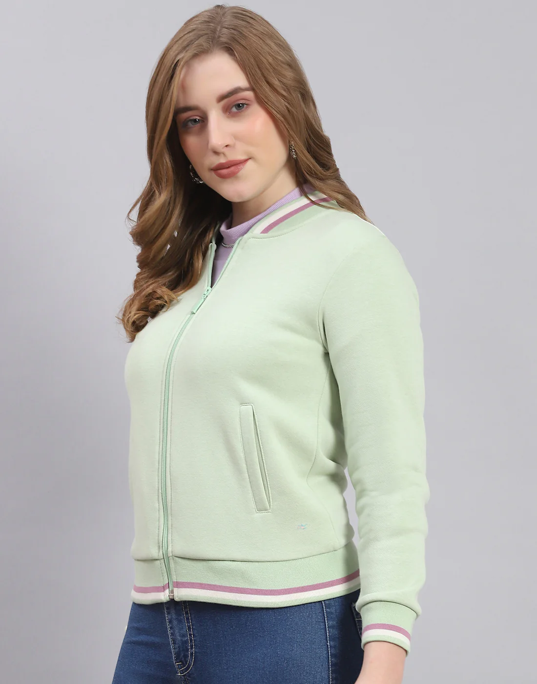 Women Green Solid Mandarin Collar Full Sleeve Sweatshirt - Image 4