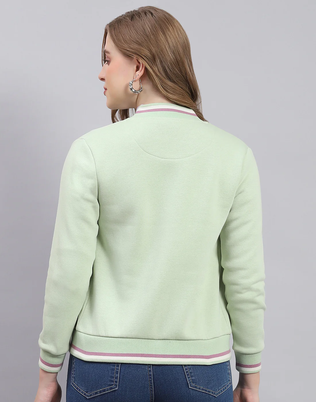 Women Green Solid Mandarin Collar Full Sleeve Sweatshirt - Image 5