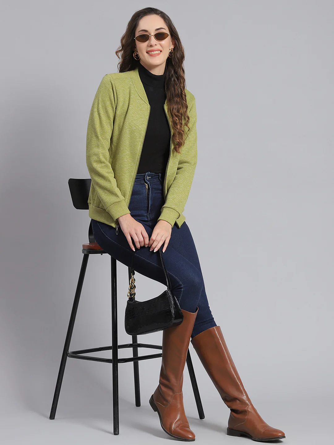 Women Green Solid Mandarin Collar Full Sleeve Sweatshirts - Image 2