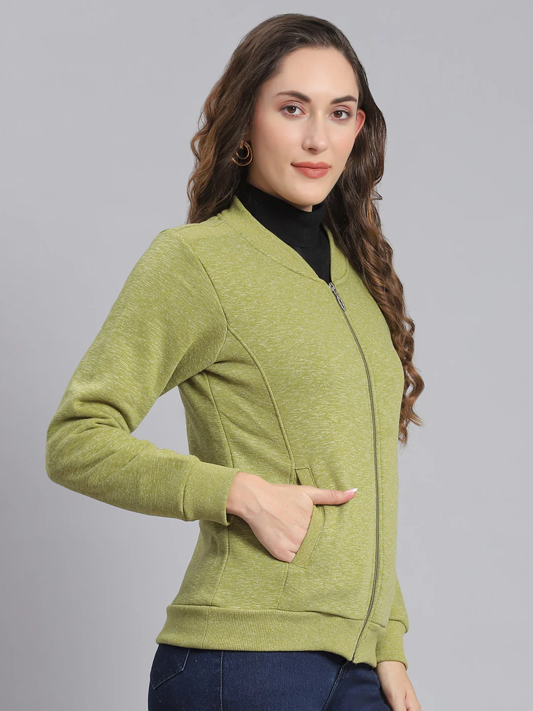 Women Green Solid Mandarin Collar Full Sleeve Sweatshirts - Image 4