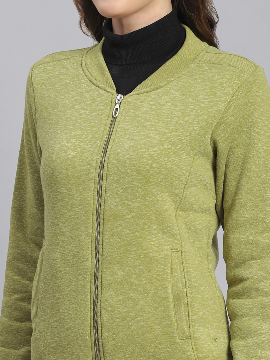 Women Green Solid Mandarin Collar Full Sleeve Sweatshirts - Image 6