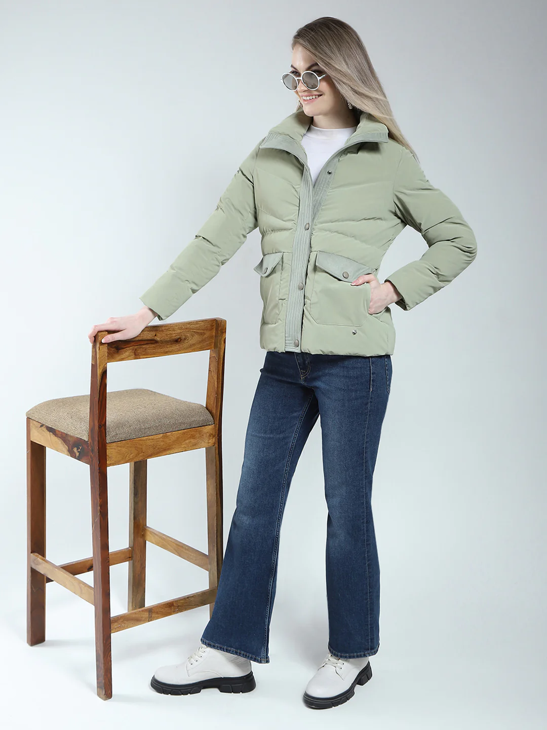 Women Green Solid Mock Neck Full Sleeve Jacket - Image 2