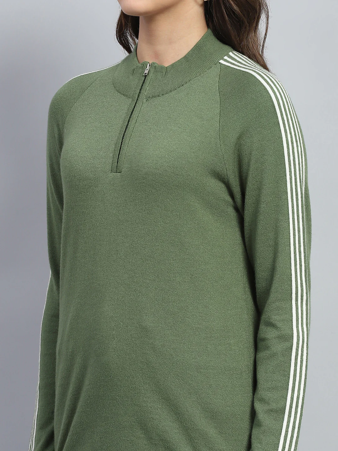 Women Green Solid Mock Neck Full Sleeve Pullover - Image 6