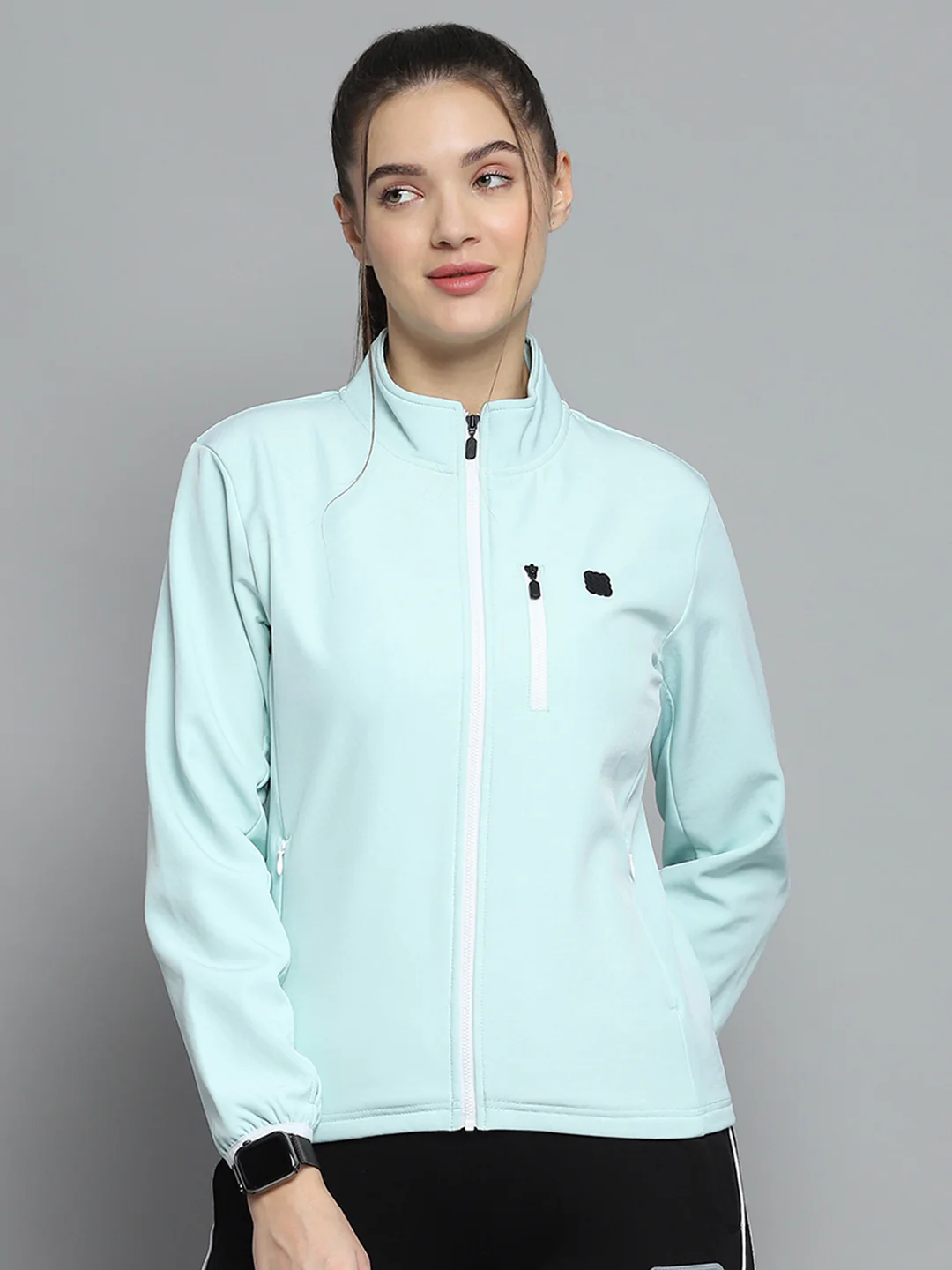 Rock.it Women Green Solid Mock Neck Full Sleeve Sweatshirt