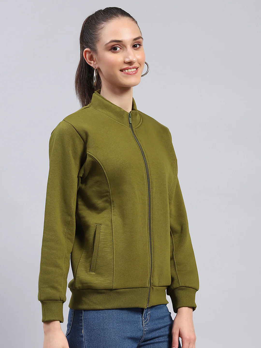Women Green Solid Mock Neck Full Sleeve Sweatshirt - Image 4