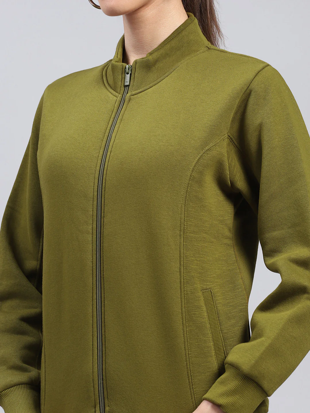 Women Green Solid Mock Neck Full Sleeve Sweatshirt - Image 7
