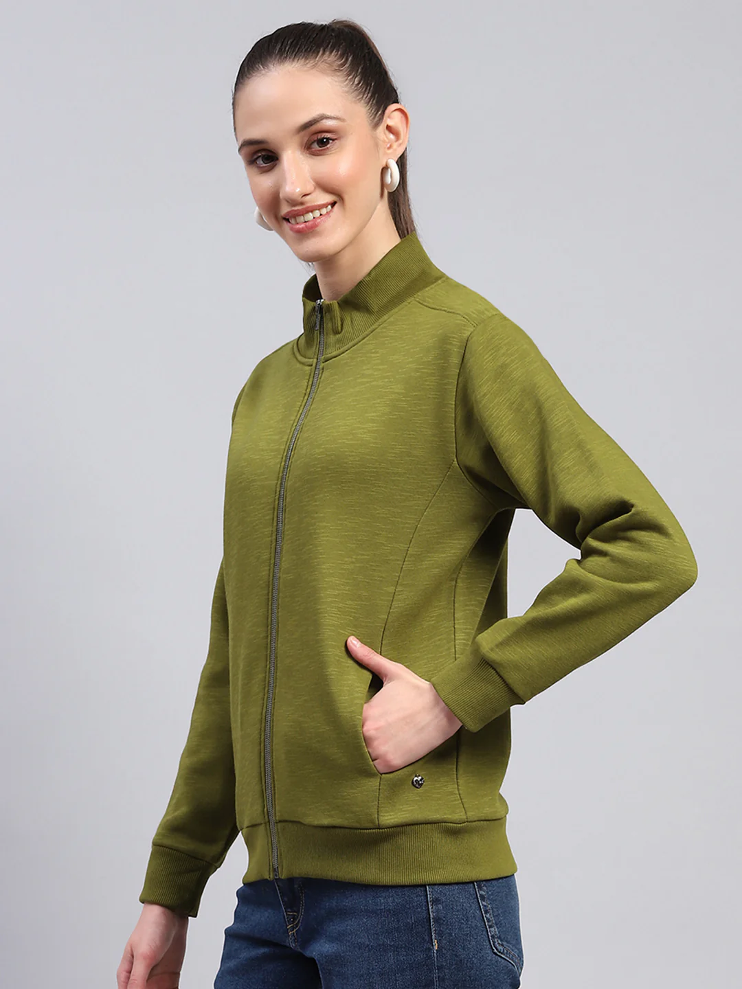 Women Green Solid Mock Neck Full Sleeve Sweatshirt - Image 3