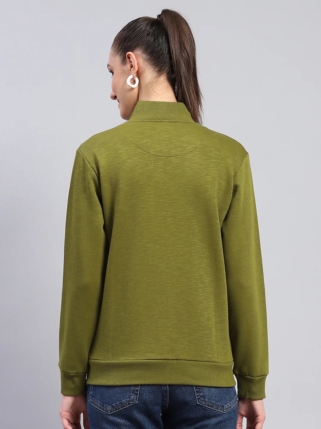 Women Green Solid Mock Neck Full Sleeve Sweatshirt - Image 5