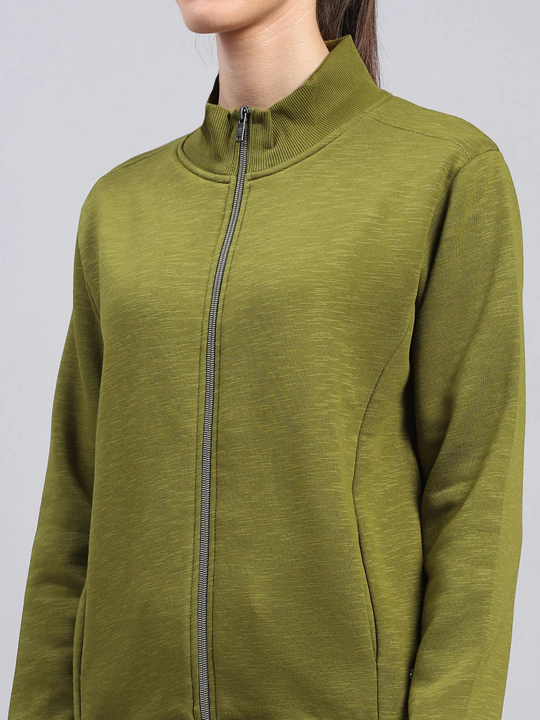 Women Green Solid Mock Neck Full Sleeve Sweatshirt - Image 6