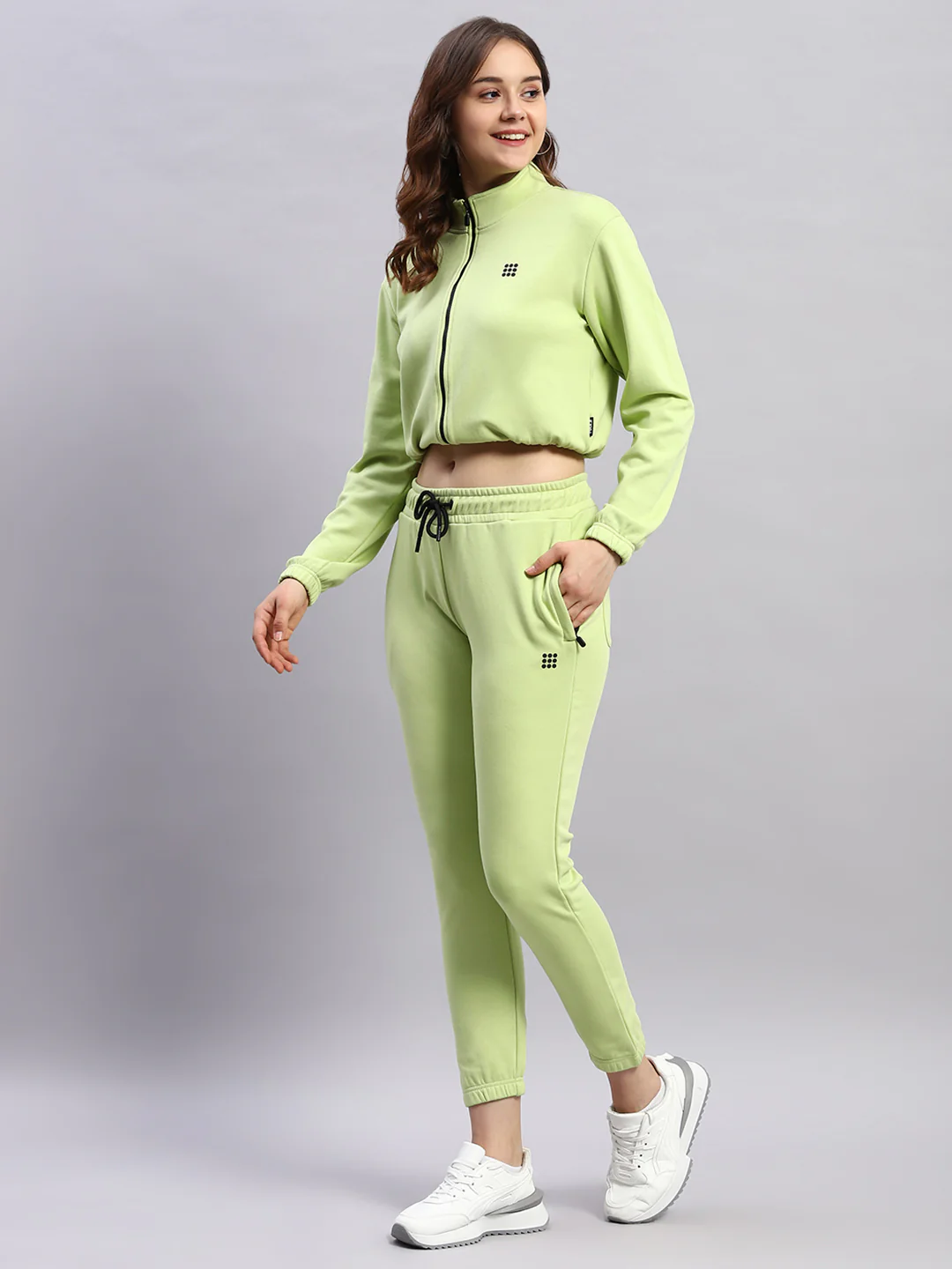 Rock.it Women Green Solid Mock Neck Full Sleeve Tracksuit - Image 3