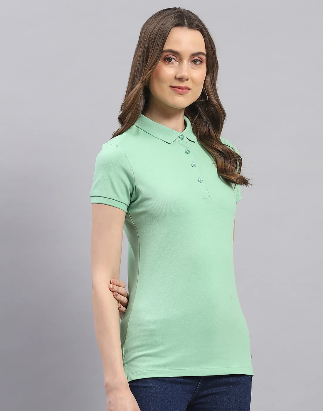 Women Green Solid Polo Collar Half Sleeve T-Shirt - Image 4