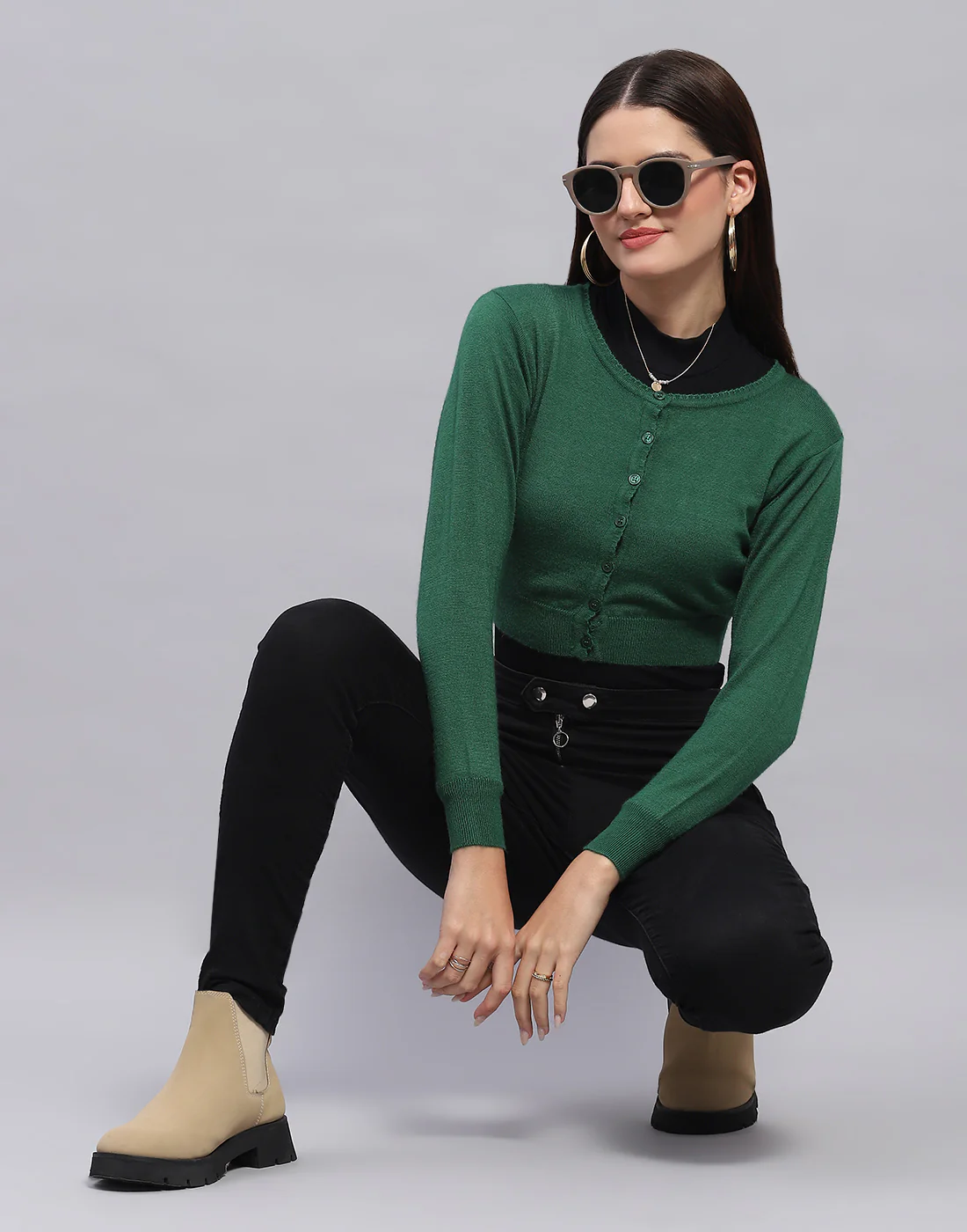 Women Green Solid Round Neck Full Sleeve Blouse - Image 2