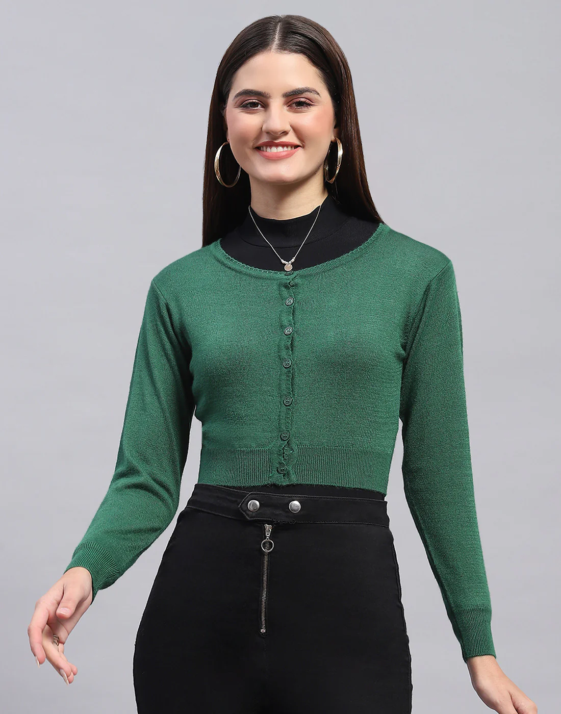 Women Green Solid Round Neck Full Sleeve Blouse - Image 3