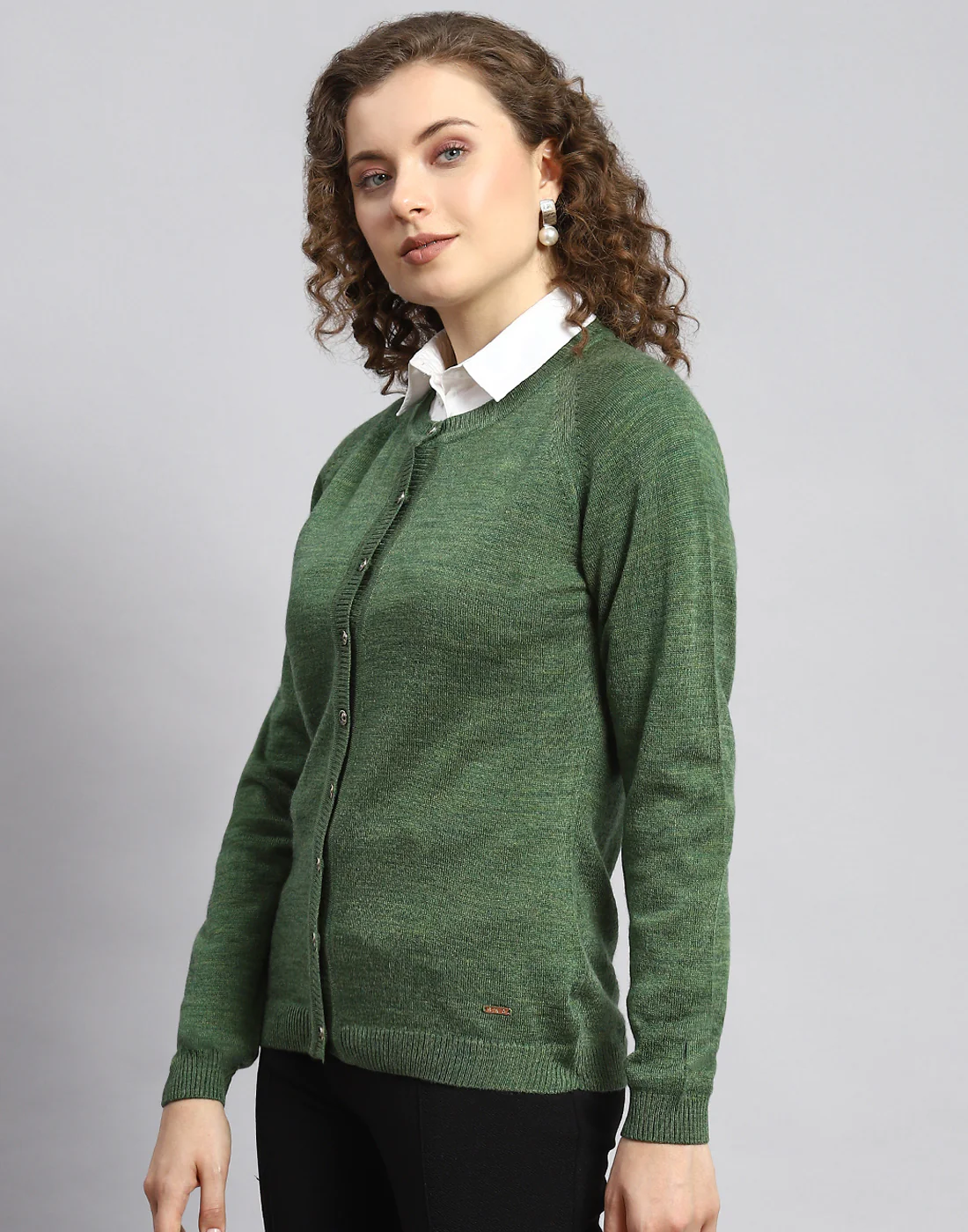 Women Green Solid Round Neck Full Sleeve Cardigan - Image 3
