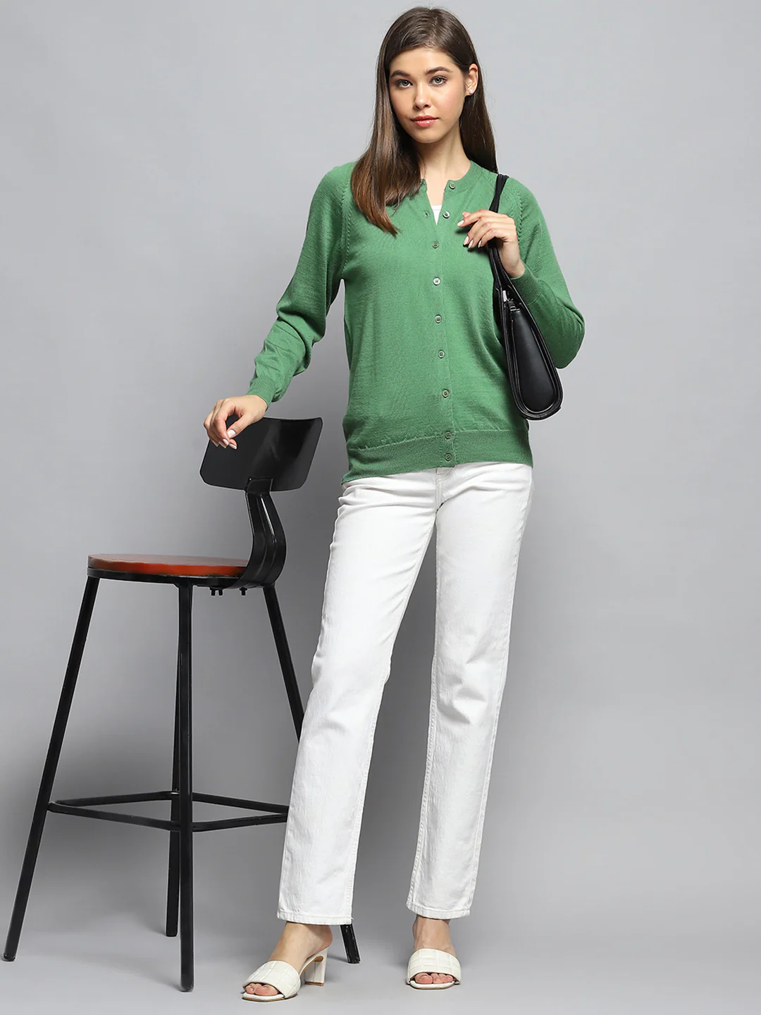 Women Green Solid Round Neck Full Sleeve Cardigan - Image 2