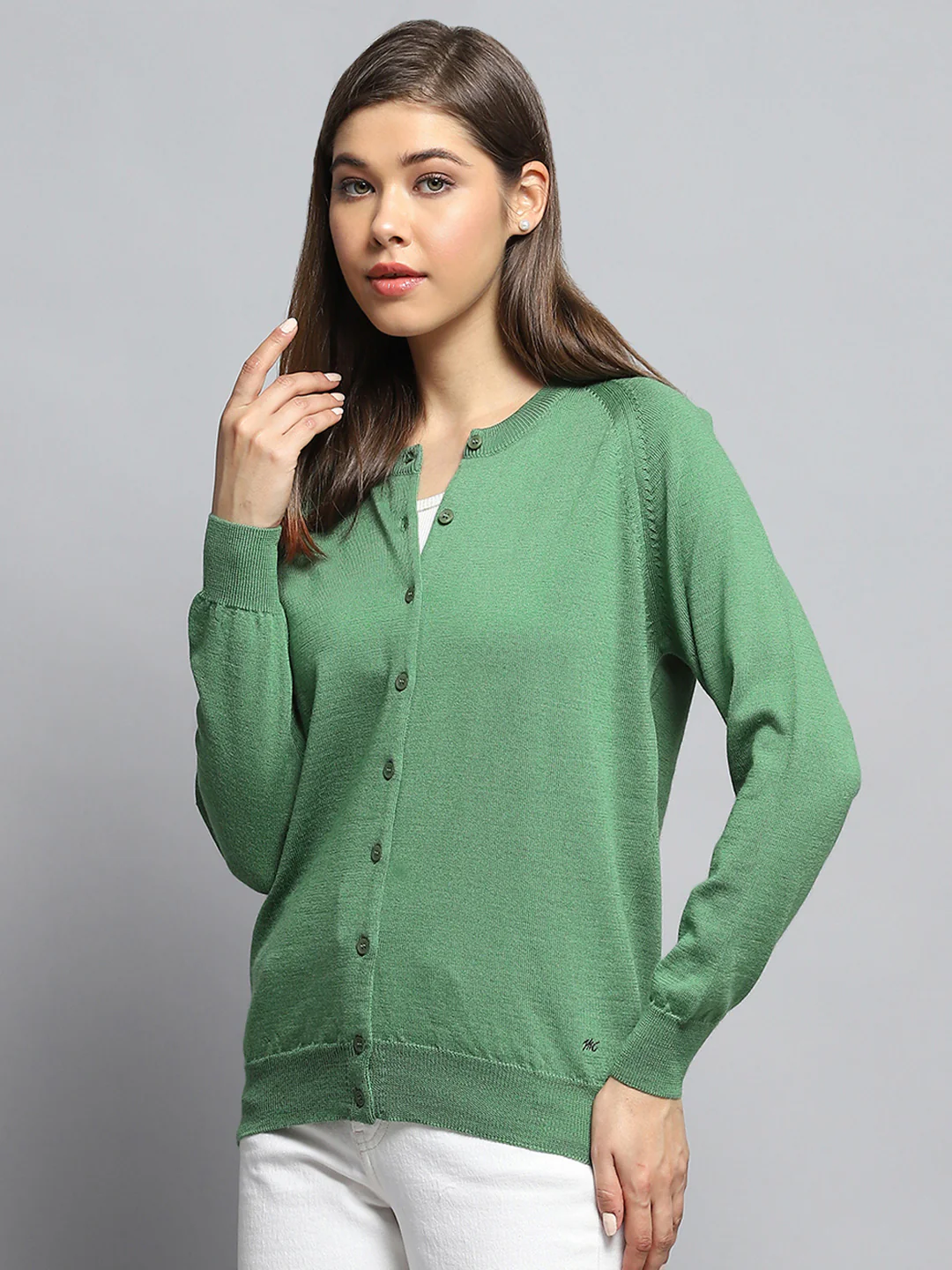 Women Green Solid Round Neck Full Sleeve Cardigan - Image 3