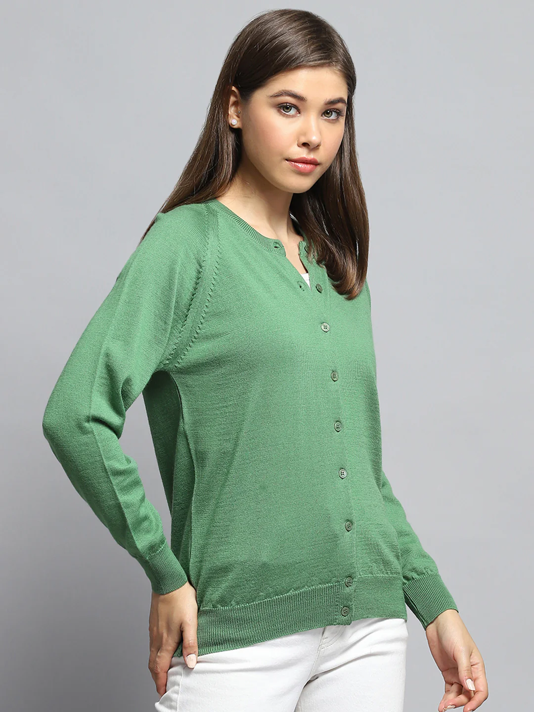 Women Green Solid Round Neck Full Sleeve Cardigan - Image 4
