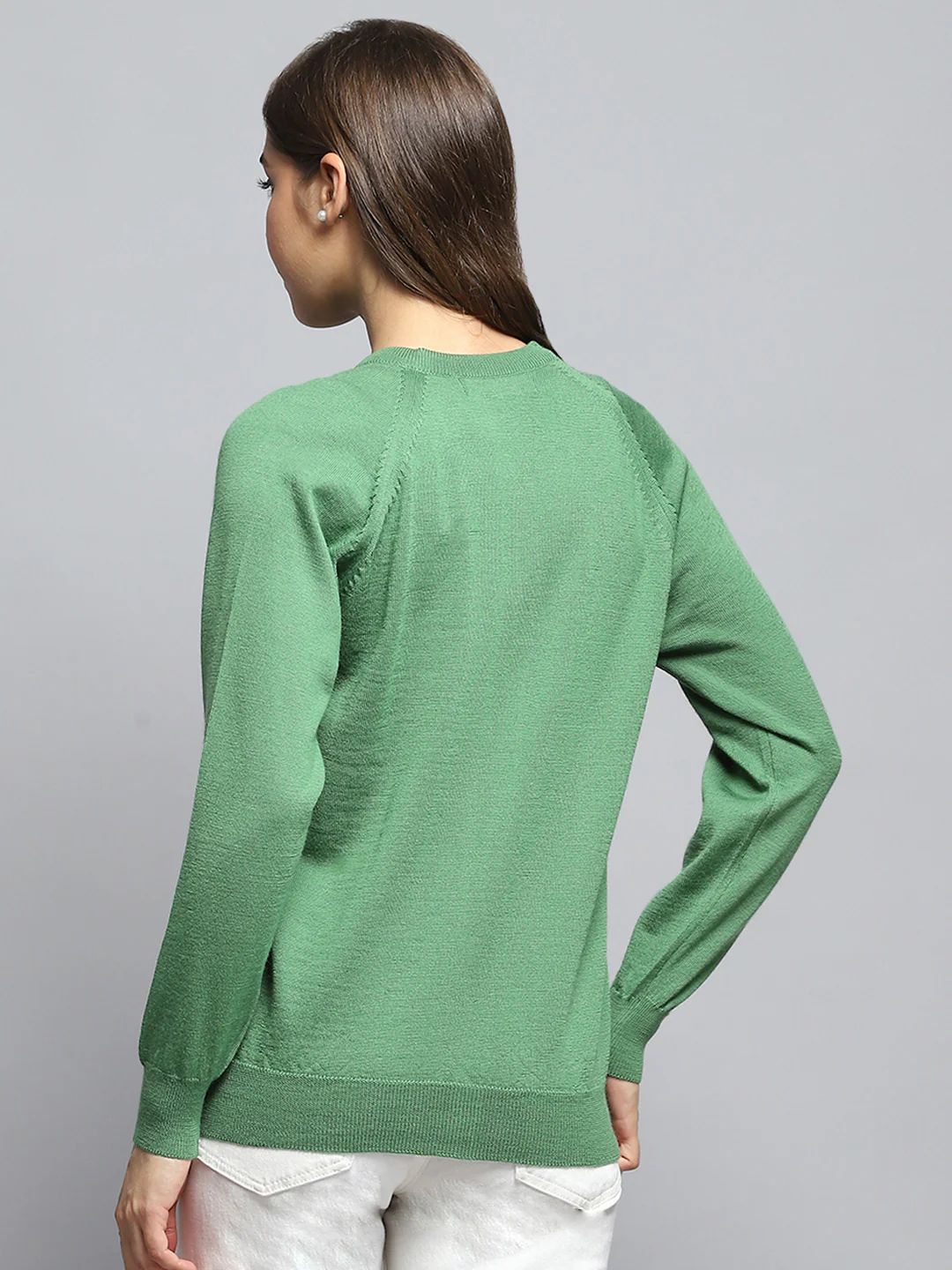 Women Green Solid Round Neck Full Sleeve Cardigan - Image 5