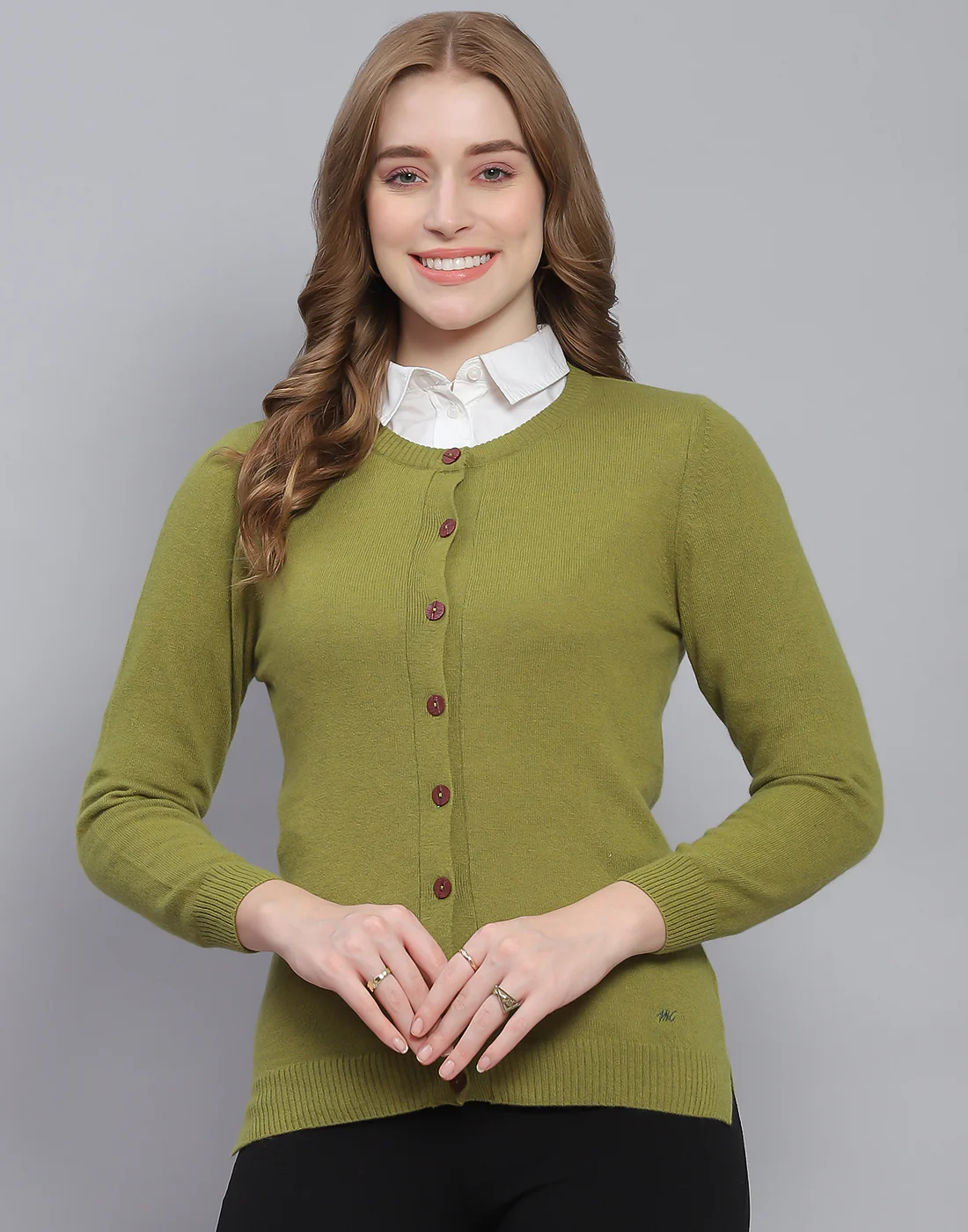 Women Green Solid Round Neck Full Sleeve Cardigan - Image 2