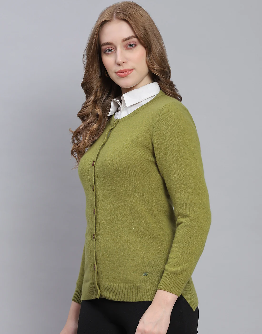 Women Green Solid Round Neck Full Sleeve Cardigan - Image 3