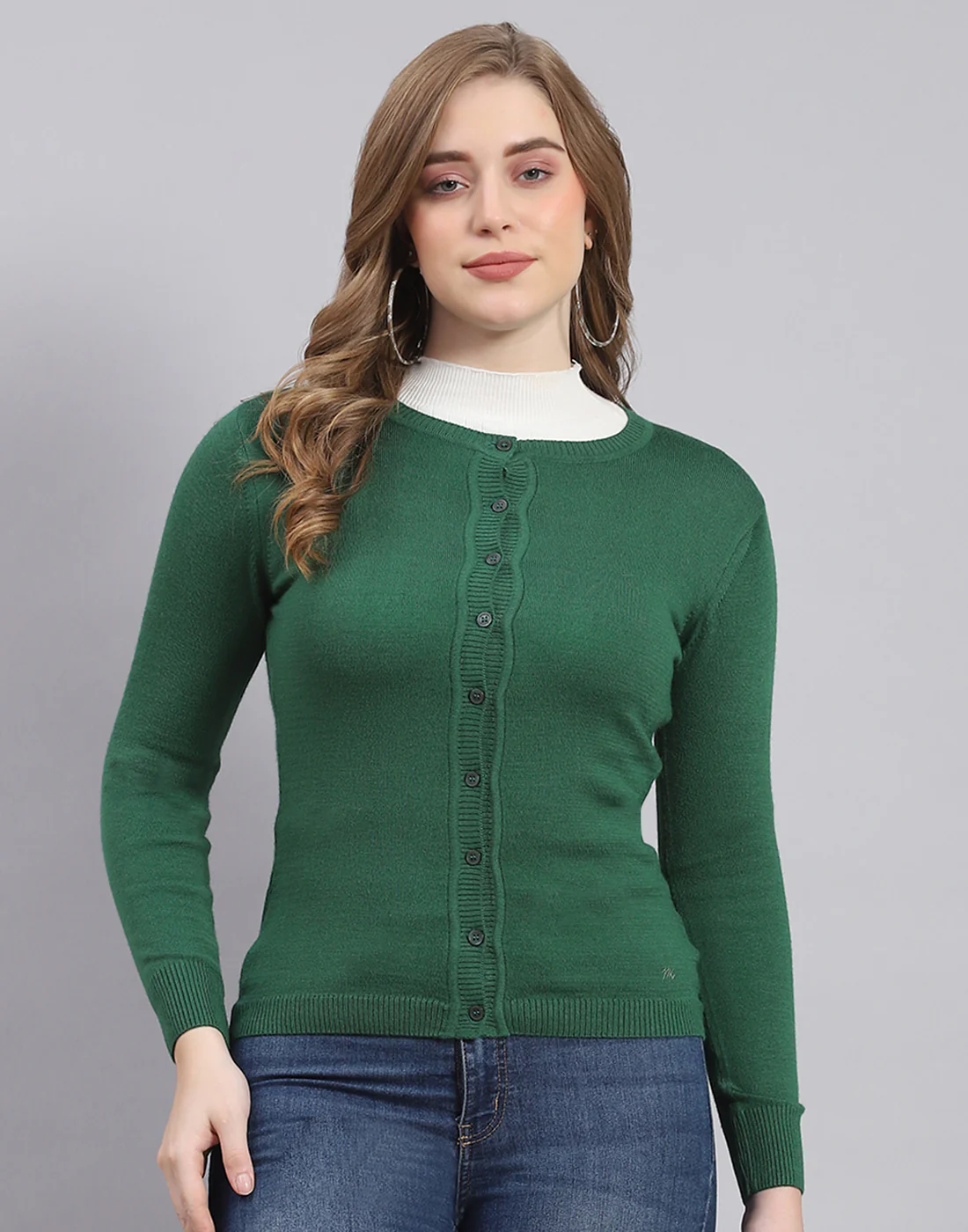 Women Green Solid Round Neck Full Sleeve Cardigan - Image 3