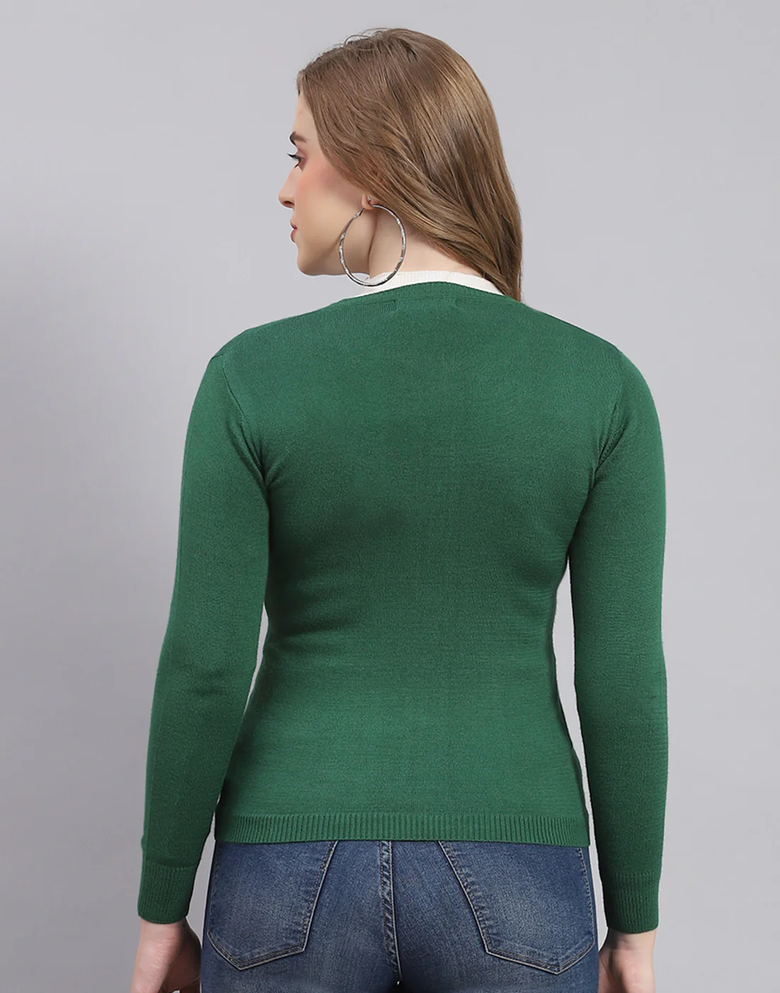 Women Green Solid Round Neck Full Sleeve Cardigan - Image 5