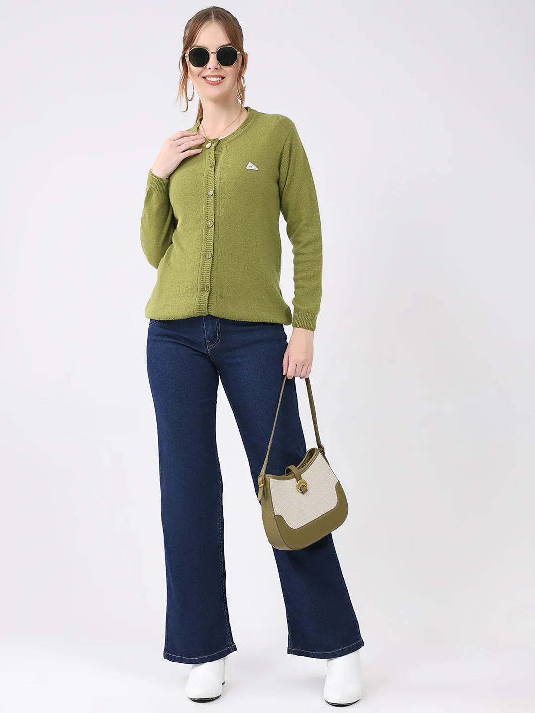 Women Green Solid Round Neck Full Sleeve Cardigan - Image 2