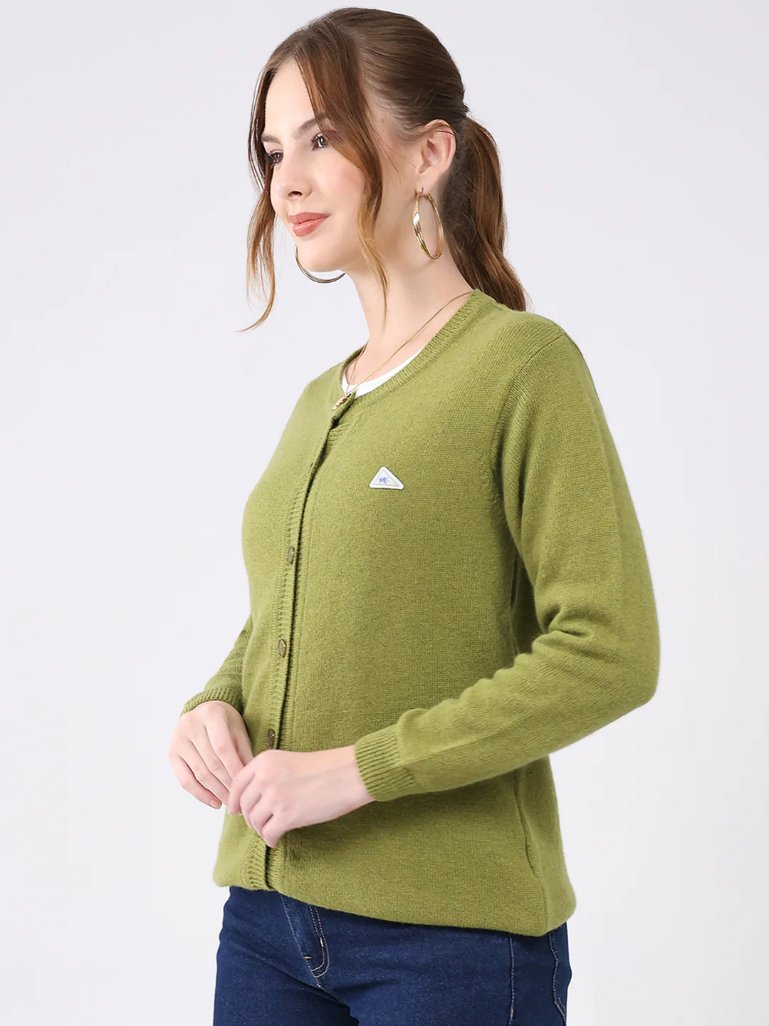 Women Green Solid Round Neck Full Sleeve Cardigan - Image 3