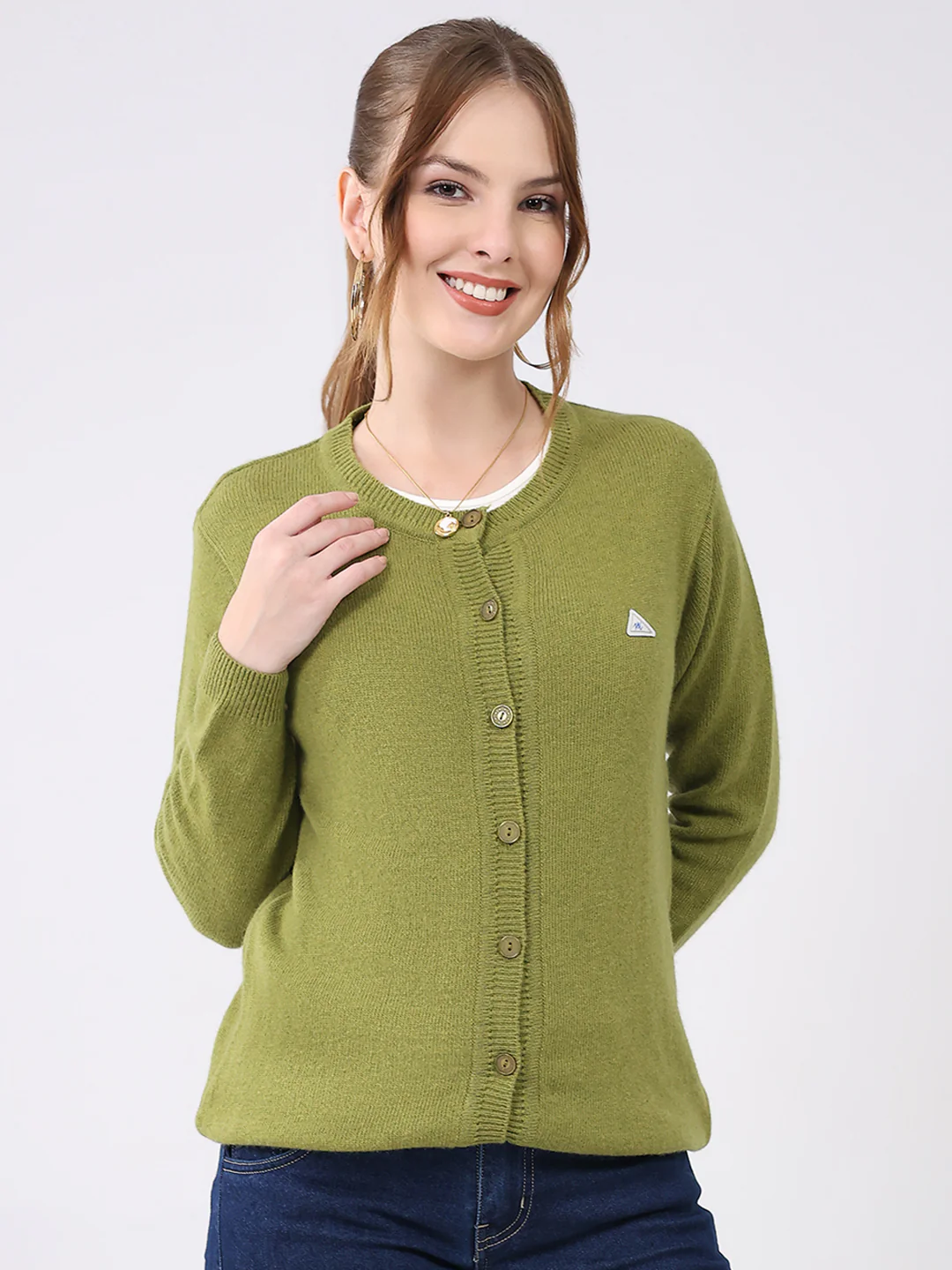 Women Green Solid Round Neck Full Sleeve Cardigan - Image 4