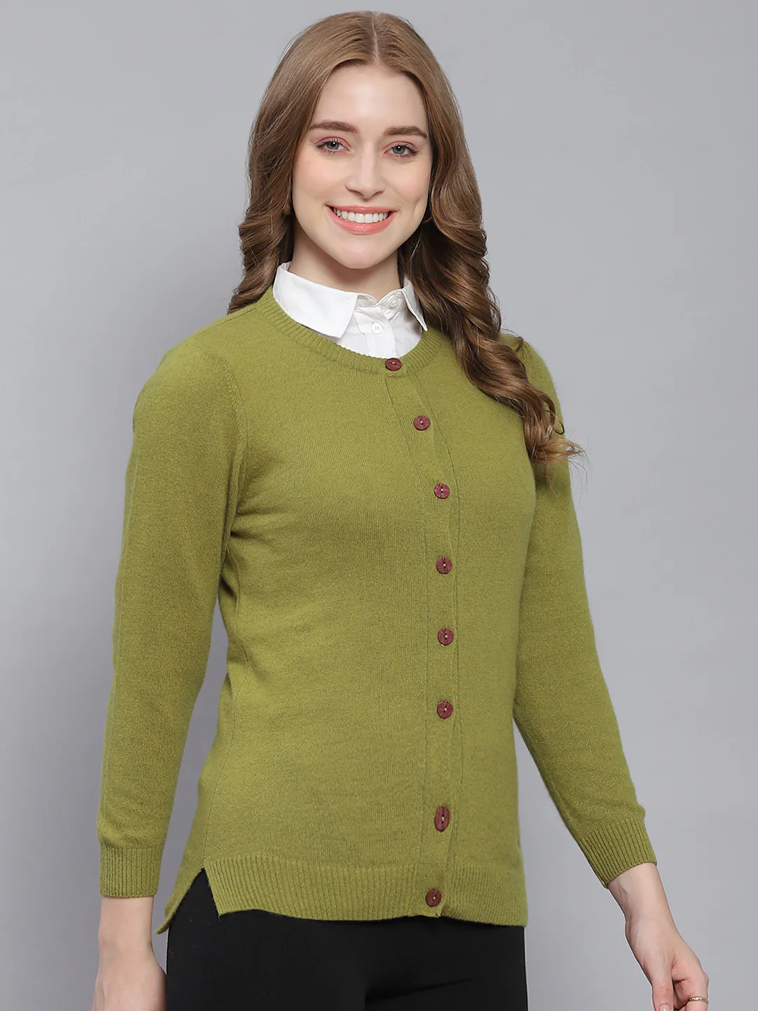 Women Green Solid Round Neck Full Sleeve Cardigans - Image 4