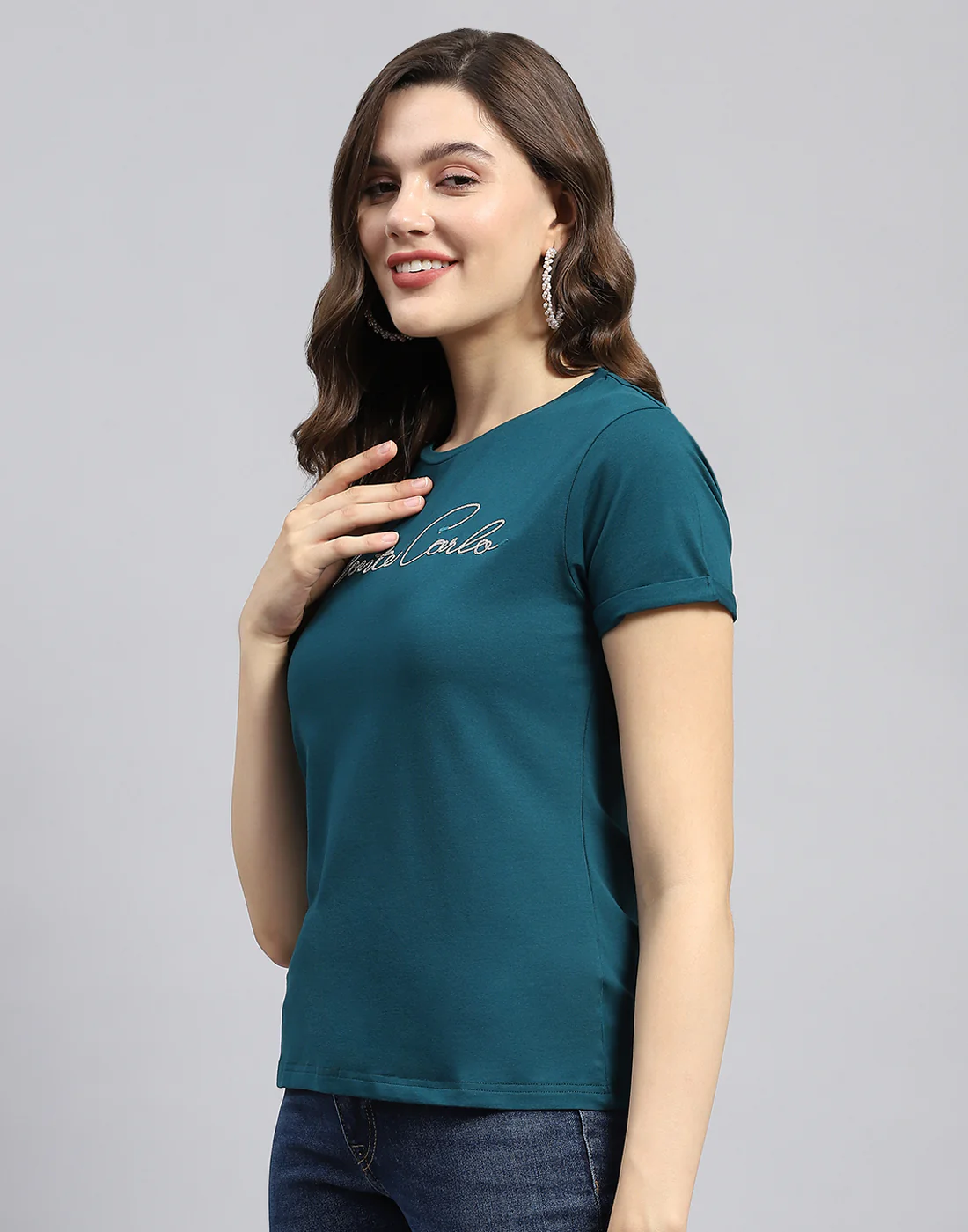 Women Green Solid Round Neck Half Sleeve Top - Image 3