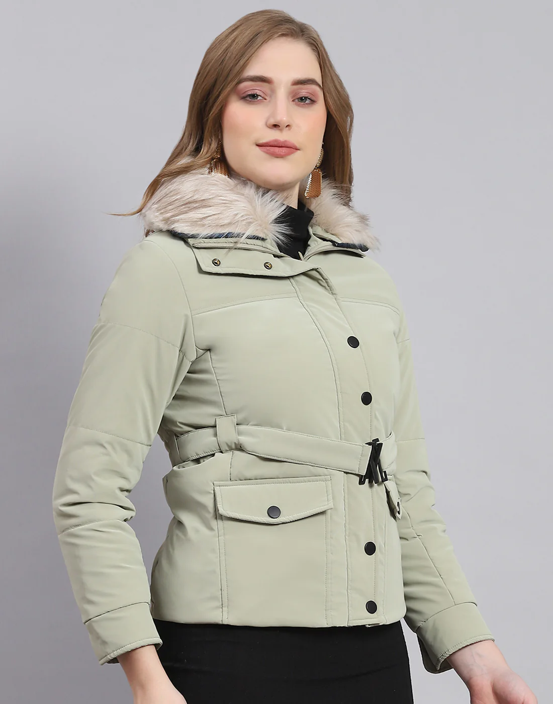 Women Green Solid Stand Collar Full Sleeve Jacket - Image 4