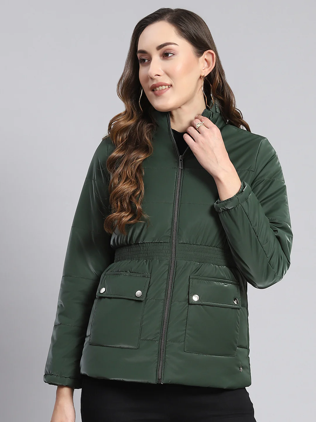 Women Green Solid Stand Collar Full Sleeve Jackets - Image 3